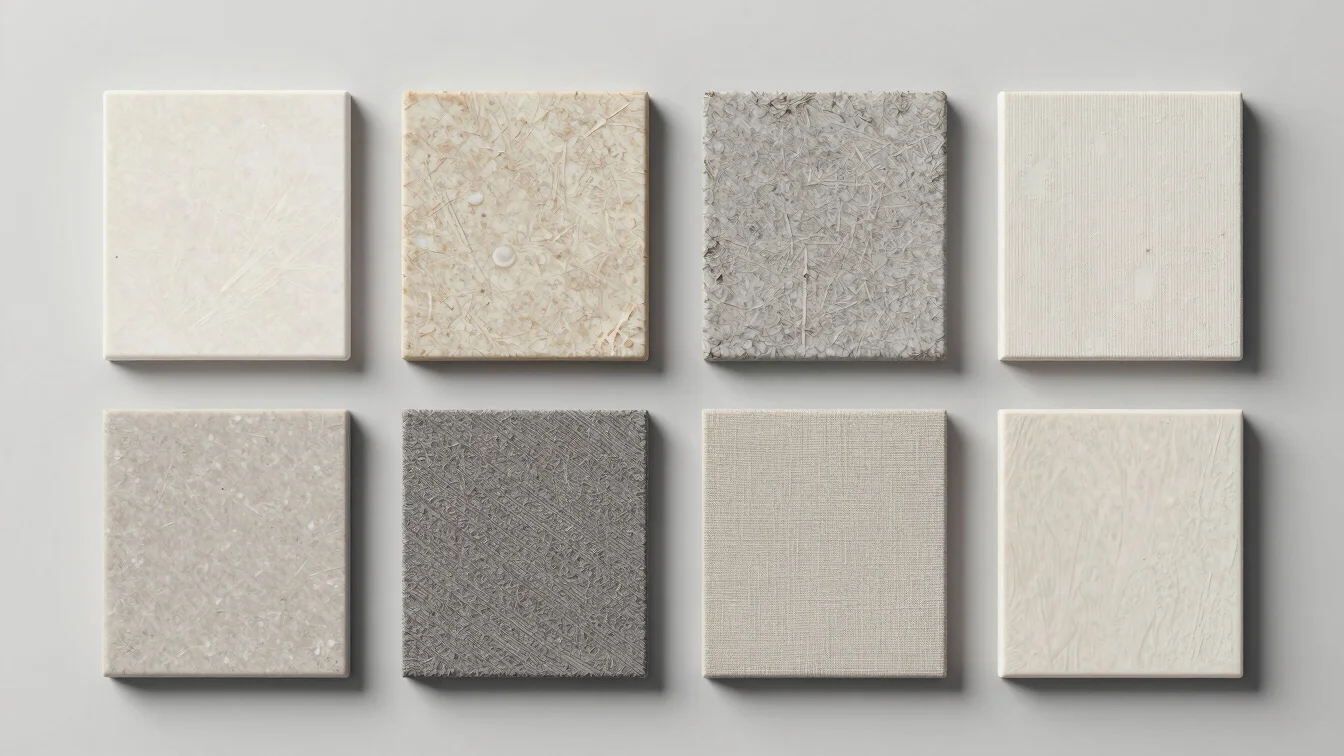 Clean overhead product arrangement of raw material samples on a neutral background, even studio light, clear detail, 50m