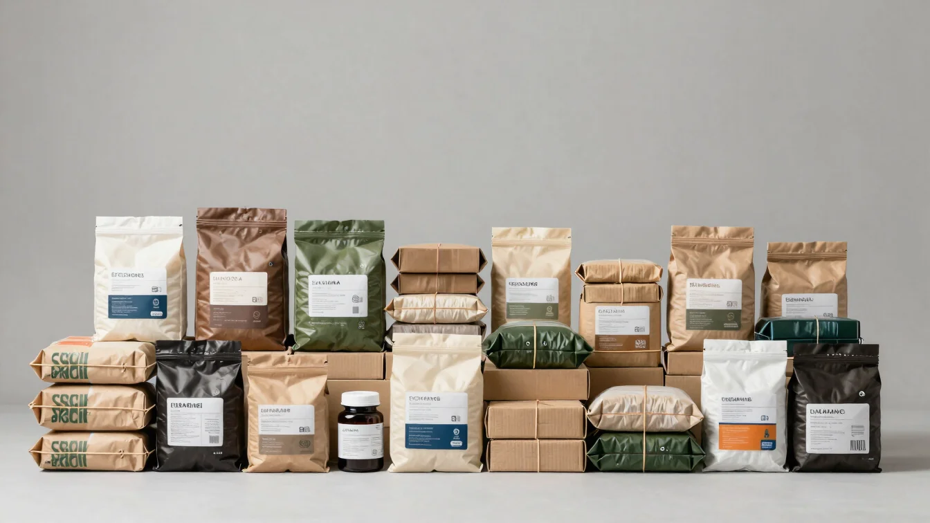 Orderly grouping of finished packaged goods arranged by category, even studio light, neutral palette, 50mm lens.