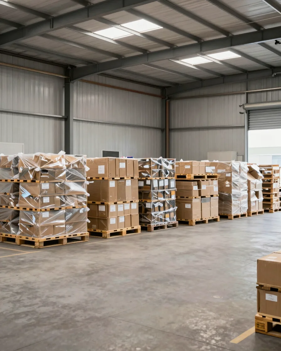Clean commercial photography of an industrial warehouse with palletised goods under even overhead daylight, neutral tone