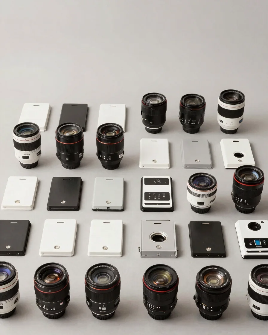 Clean studio overhead view of neatly arranged industrial product samples on a neutral surface, even soft light, clear pr